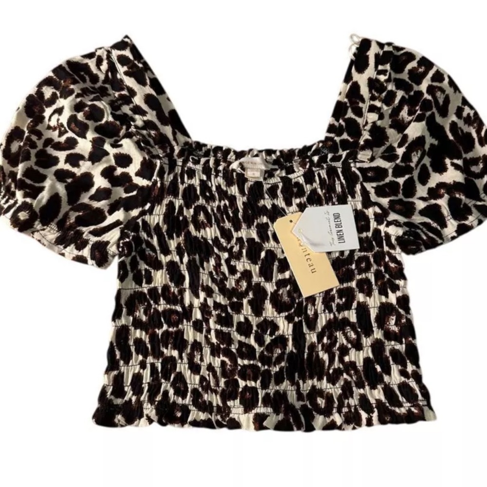 Monteau Linen Puff Sleeve Ruched Crop Top Leopard Print Square Neck NWT! XL